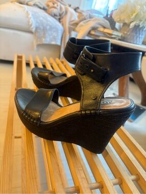 UGG Black Leather Wedge Sandals with Ankle Strap